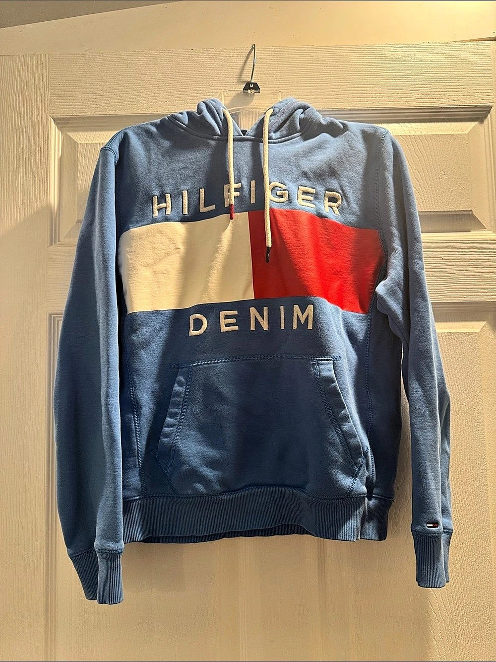 Tommy Hilfiger Color Block Denim Hoodie in Blue & Red Like New